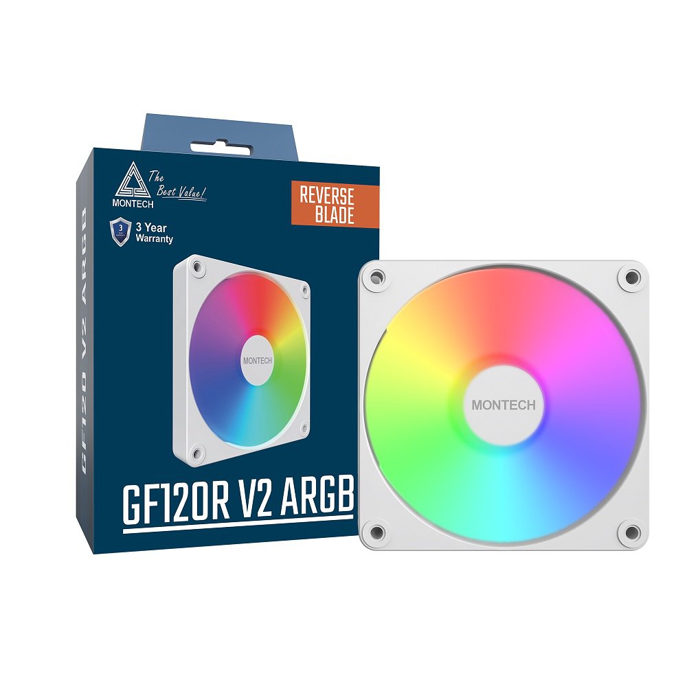 GUNMANSA MONTECH GF120R V2 ARGB GF120RV2W 120mm Case Fan - Sleek & Minimalist Design, High Airflow, Hydraulic Bearing, Quiet Performance, Vibrant ARGB Lighting, Reverse Blade, White