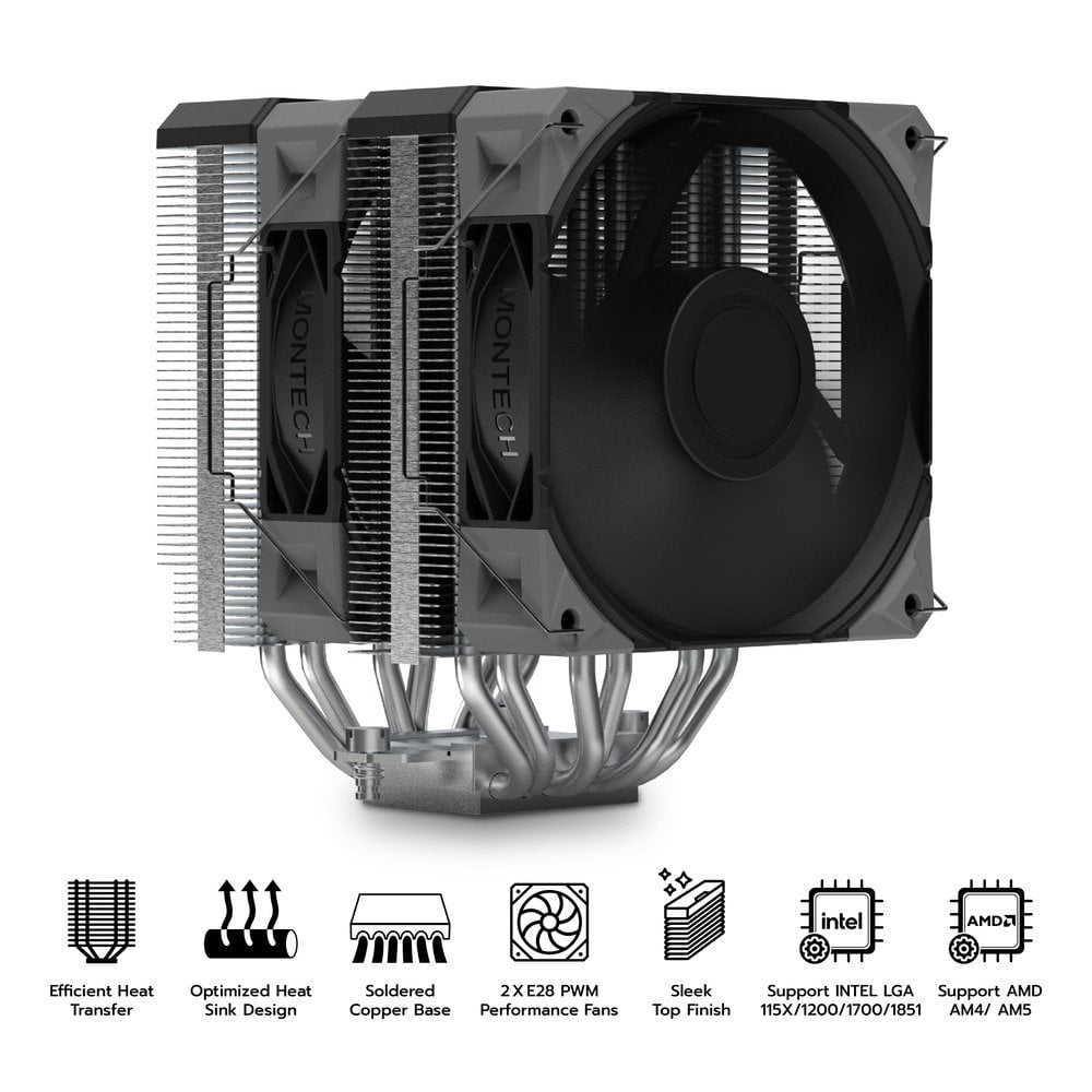GUNMANSA MONTECH NX600 Dual-Tower CPU Air Cooler with 6 Heatpipes & Premium Top Cover | 28 mm E28 Premium Fan 2000RPM PWM | Soldered Copper Base | Superior Heat Dissipation | All Intel & AMD Socket Support | Black