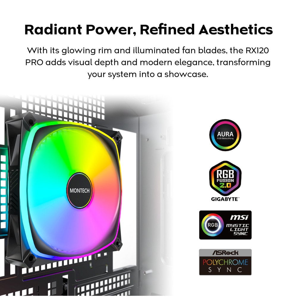 GUNMANSA Montech RX120 PRO RX120PB 120mm ARGB Fan, 1600PWM, Black