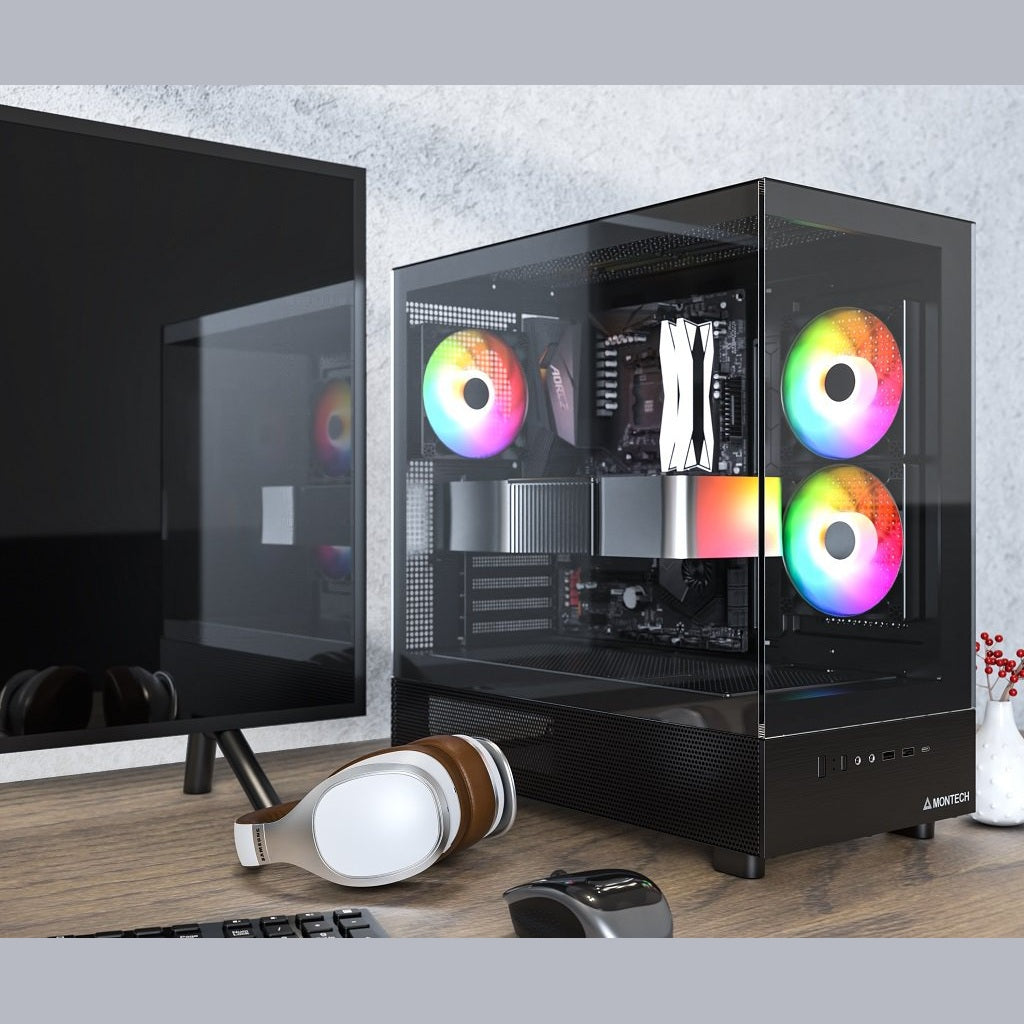 GUNMANSA MONTECH XR XR-B, ATX Mid-Tower PC Gaming Case, 3 x 120mm ARGB PWM Fans Pre-Installed, Full-View Dual Tempered Glass Panel, Wood-Grain Design I/O Interface, Support 4090 GPUs, 360mm Radiator Support, Black