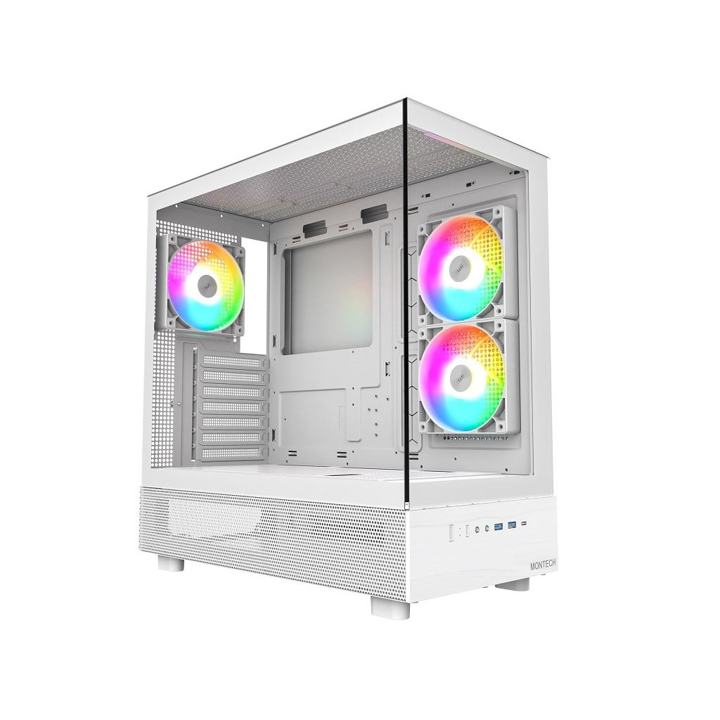 GUNMANSA MONTECH XR XR-W, ATX Mid-Tower PC Gaming Case, 3 x 120mm ARGB PWM Fans Pre-Installed, Full-View Dual Tempered Glass Panel, Wood-Grain Design I/O Interface, Support 4090 GPUs, 360mm Radiator Support, White