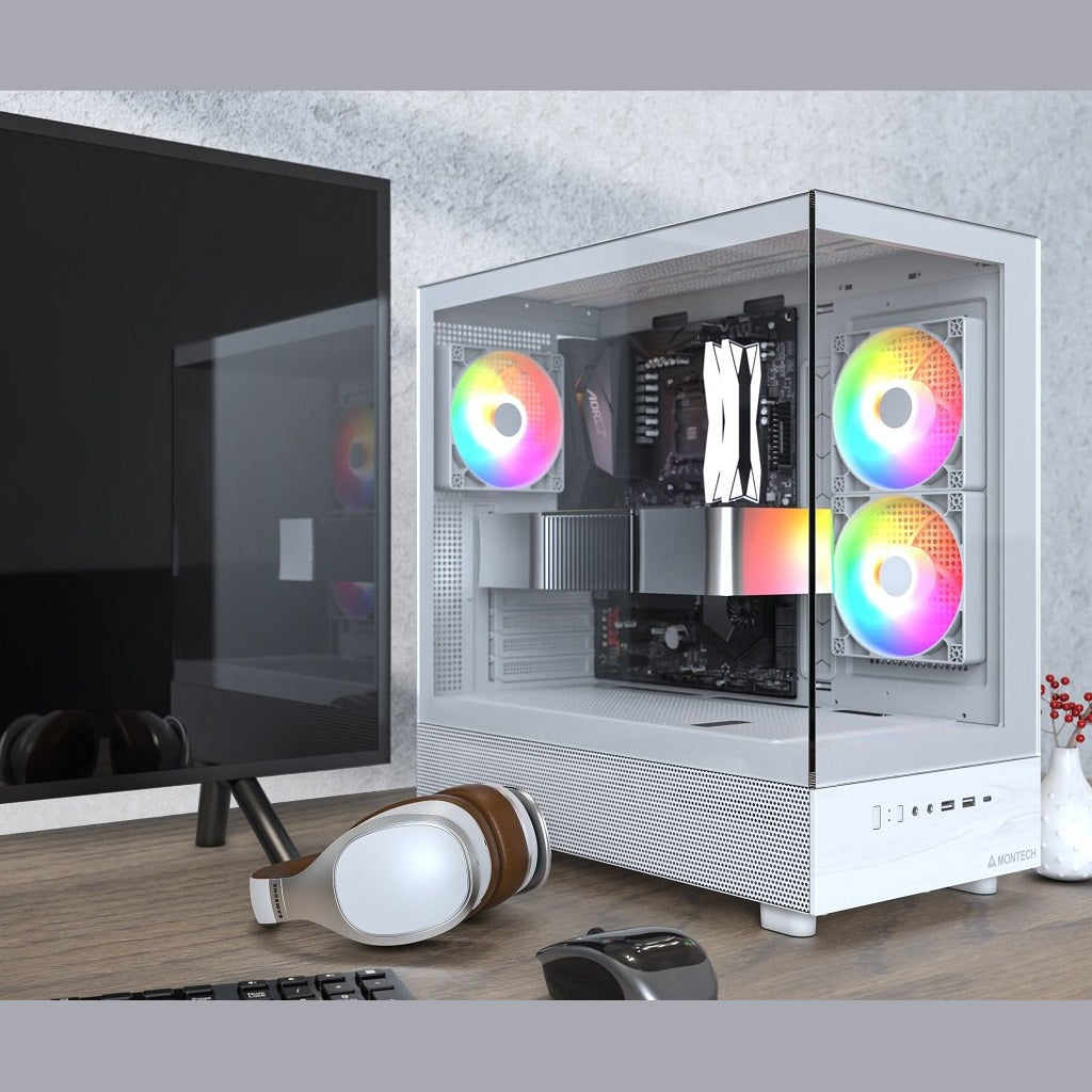 GUNMANSA MONTECH XR XR-W, ATX Mid-Tower PC Gaming Case, 3 x 120mm ARGB PWM Fans Pre-Installed, Full-View Dual Tempered Glass Panel, Wood-Grain Design I/O Interface, Support 4090 GPUs, 360mm Radiator Support, White