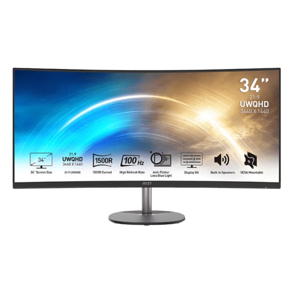GUNMANSA MSI PRO MP341CQ 34″ VA Ultrawide Curved Pro Monitor (1500R, 3440×1440, 1ms, 100Hz)