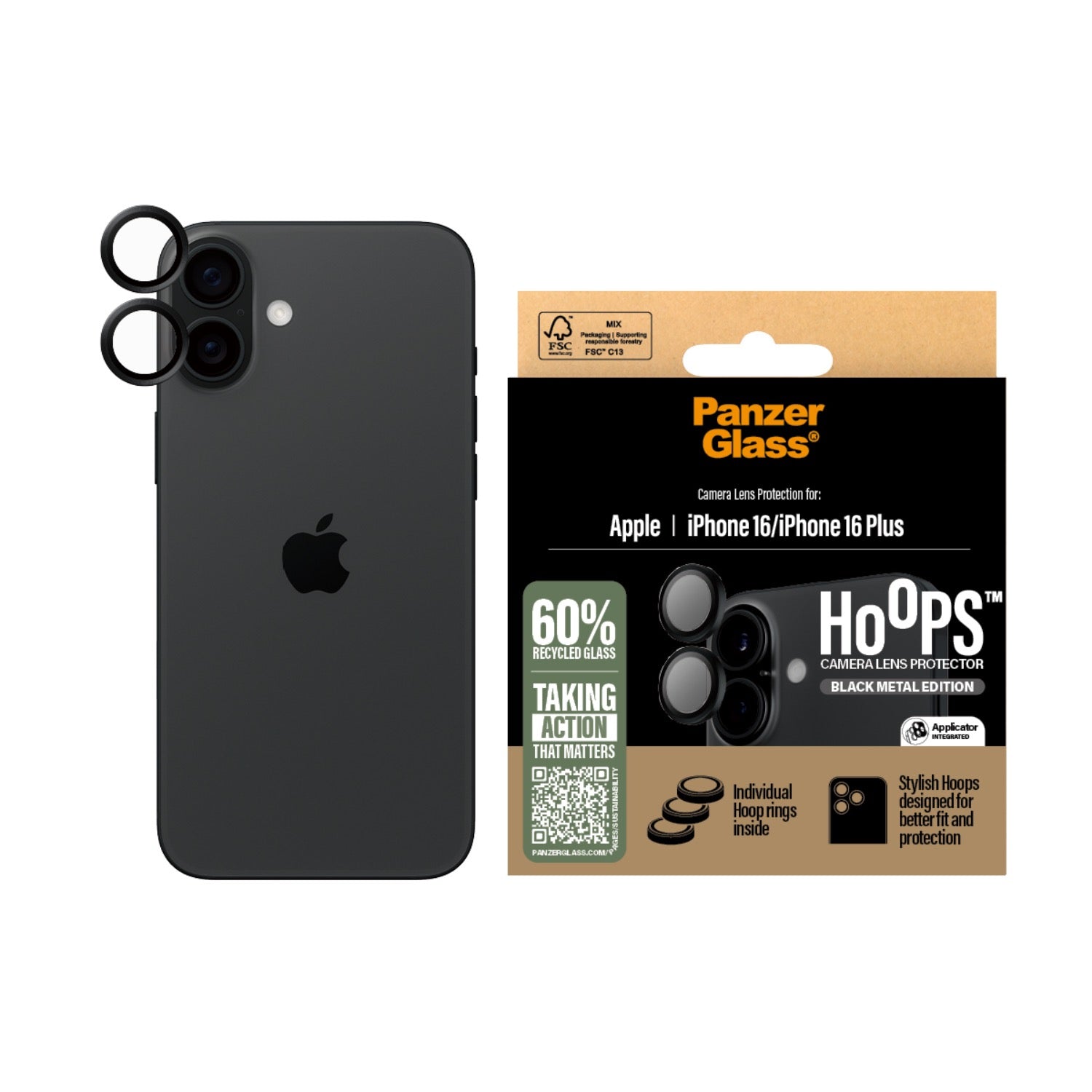GUNMANSA PanzerGlass Hoops Lens Screen Protector - Apple iPhone 16 / iPhone 16 Plus - Black