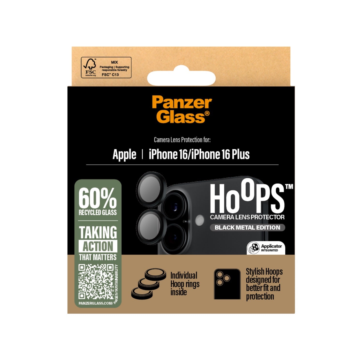 GUNMANSA PanzerGlass Hoops Lens Screen Protector - Apple iPhone 16 / iPhone 16 Plus - Black