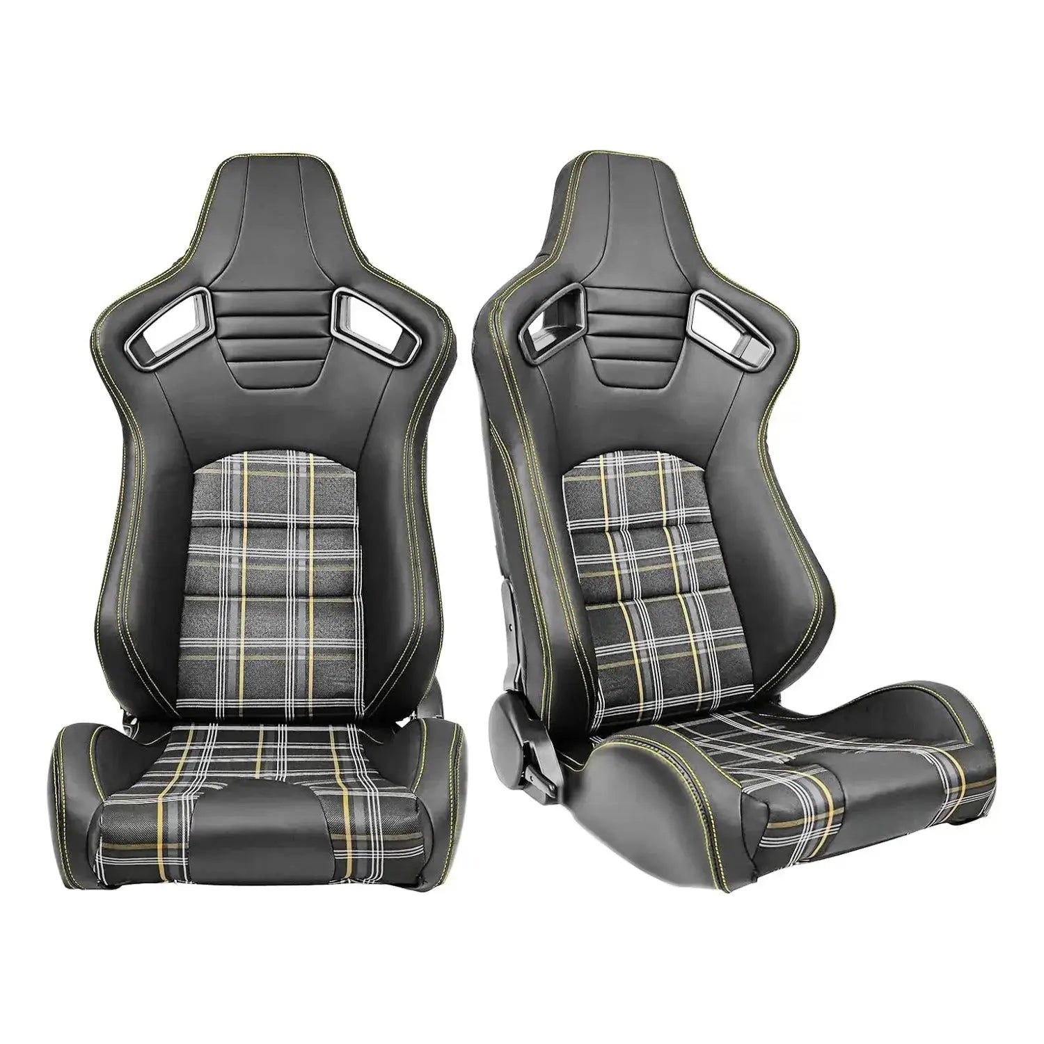 GUNMANSA Reclinable Racing Seats - GTI Style Tartan Design Black PVC With Yellow Stitching (Pair)