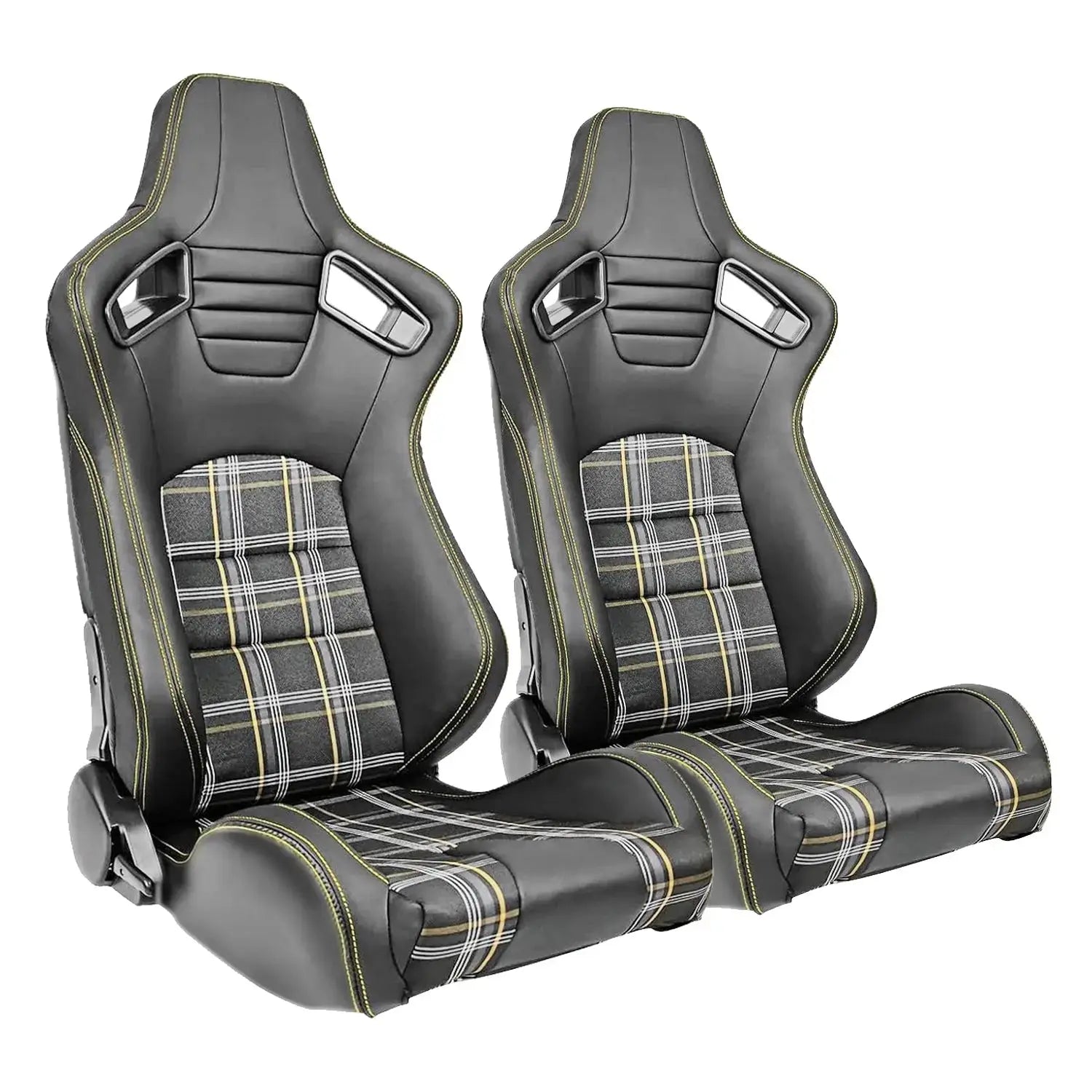 GUNMANSA Reclinable Racing Seats - GTI Style Tartan Design Black PVC With Yellow Stitching (Pair)