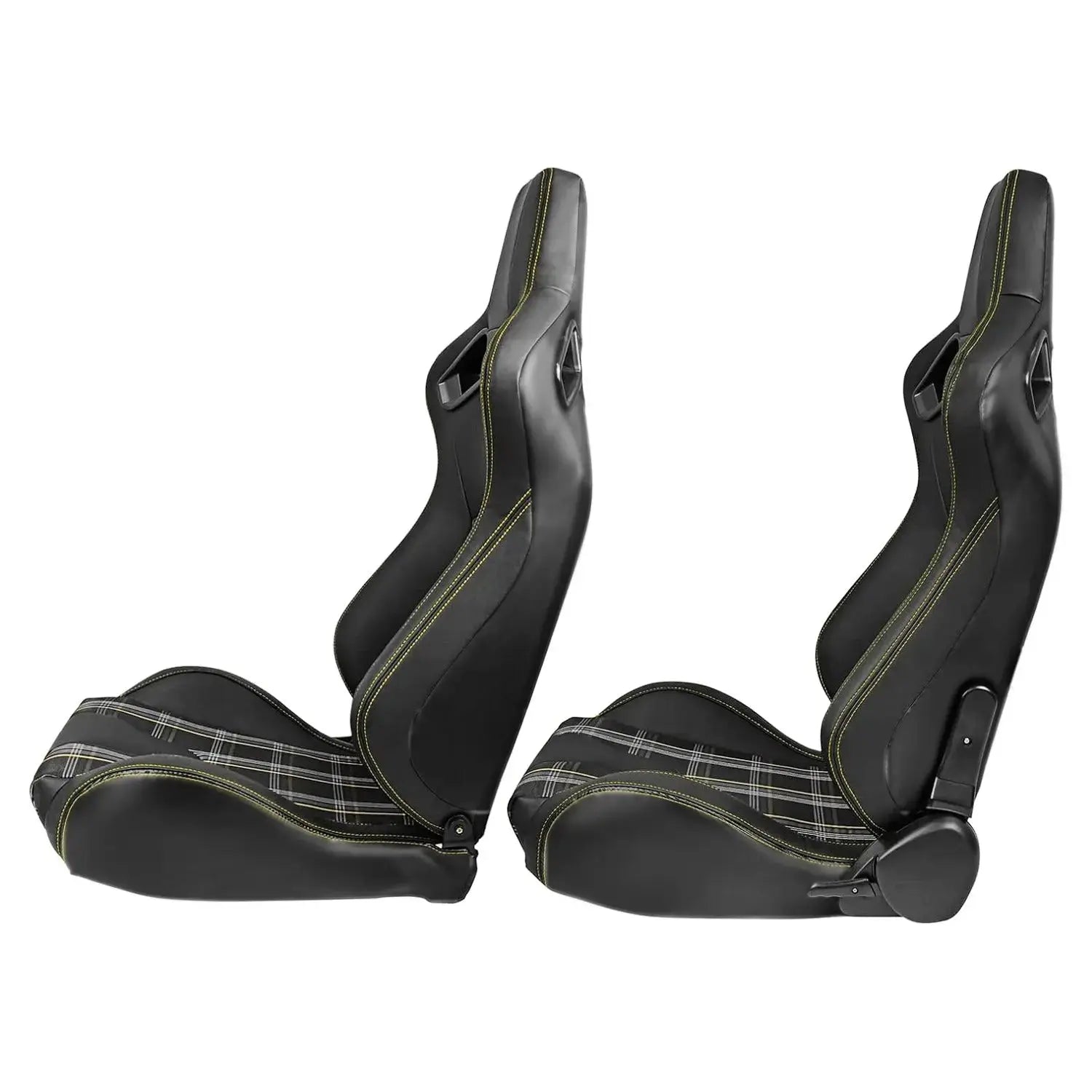 GUNMANSA Reclinable Racing Seats - GTI Style Tartan Design Black PVC With Yellow Stitching (Pair)