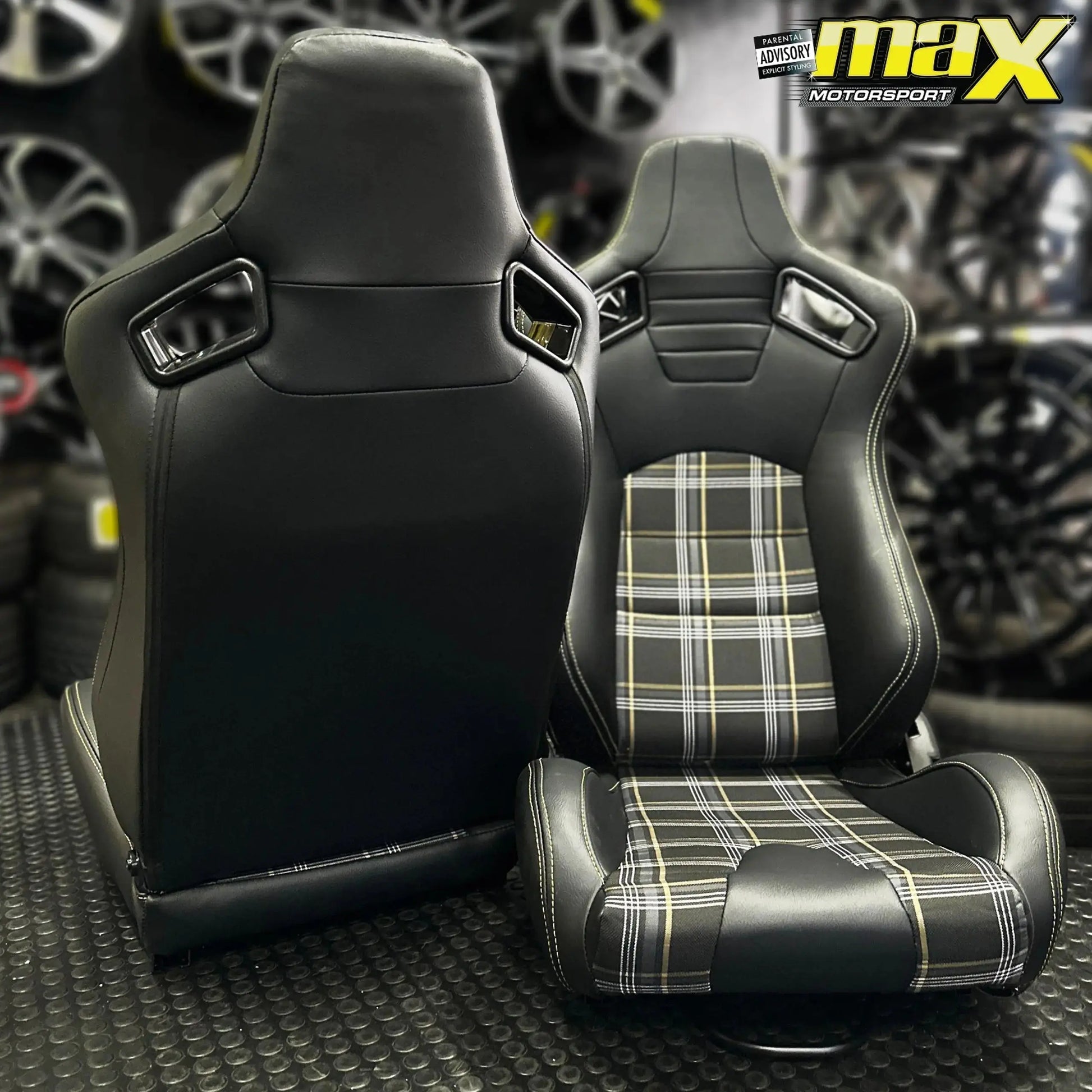 GUNMANSA Reclinable Racing Seats - GTI Style Tartan Design Black PVC With Yellow Stitching (Pair)