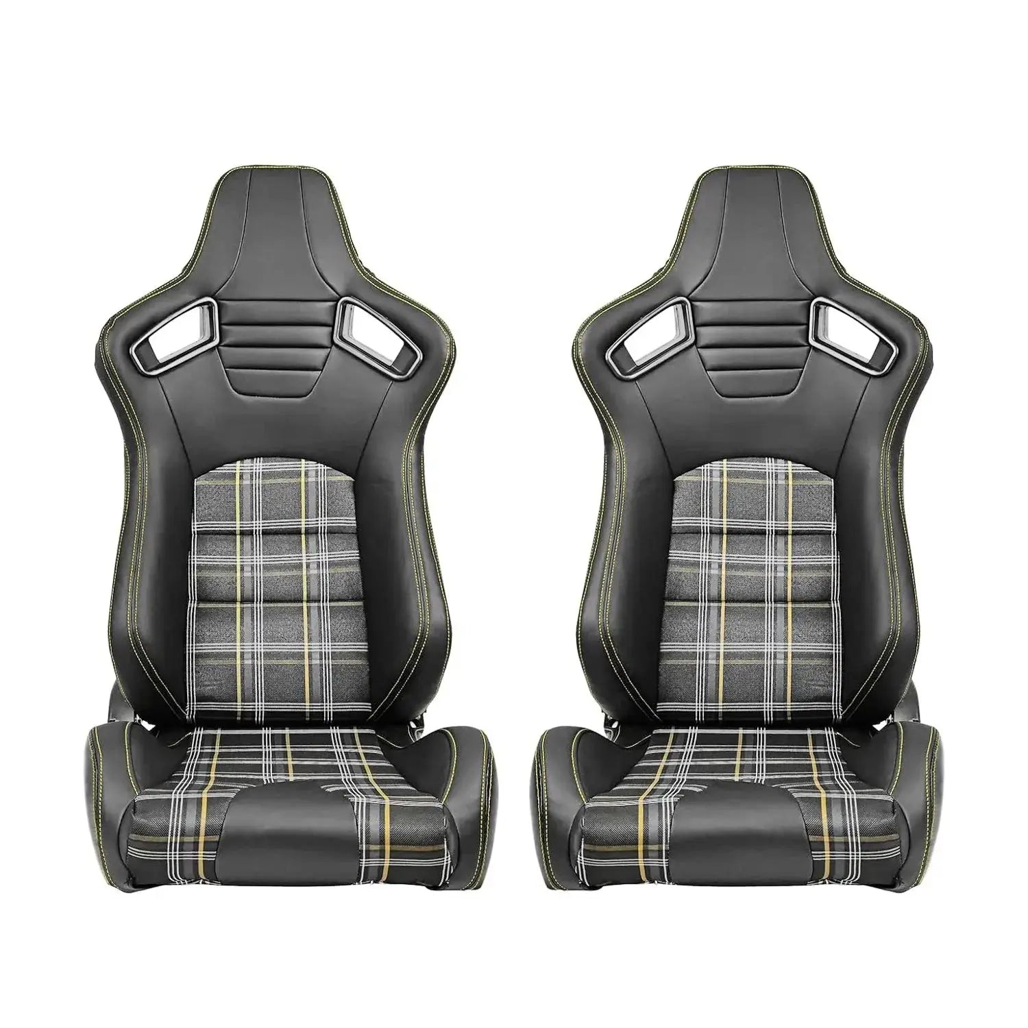 GUNMANSA Reclinable Racing Seats - GTI Style Tartan Design Black PVC With Yellow Stitching (Pair)