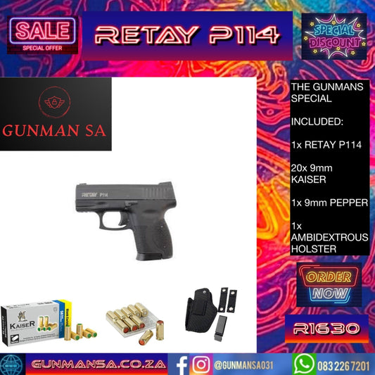 GUNMANSA RETAY P114 BLANK/PEPPER GUN + 20 9mm Blanks + 1 9mm Pepper + 1 Ambidextrous Holster SPECIAL -GSA