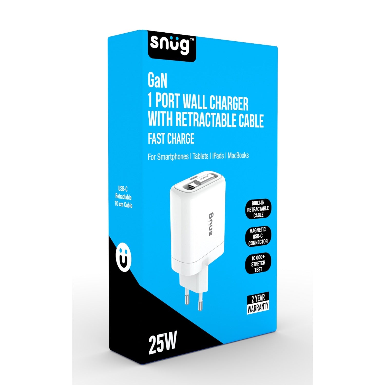 GUNMANSA Snug 1 Port PD Charger With Retractable Cable - 25W - White