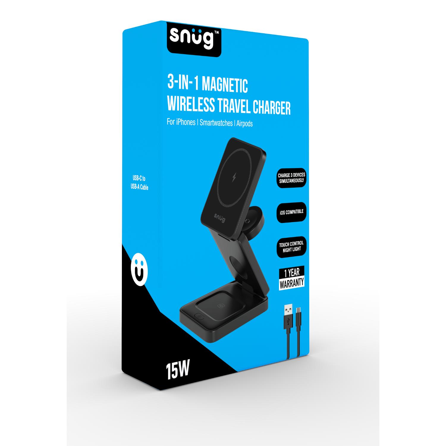 GUNMANSA Snug 3-In-1 Magnetic Wireless Travel Charger 15W - Black