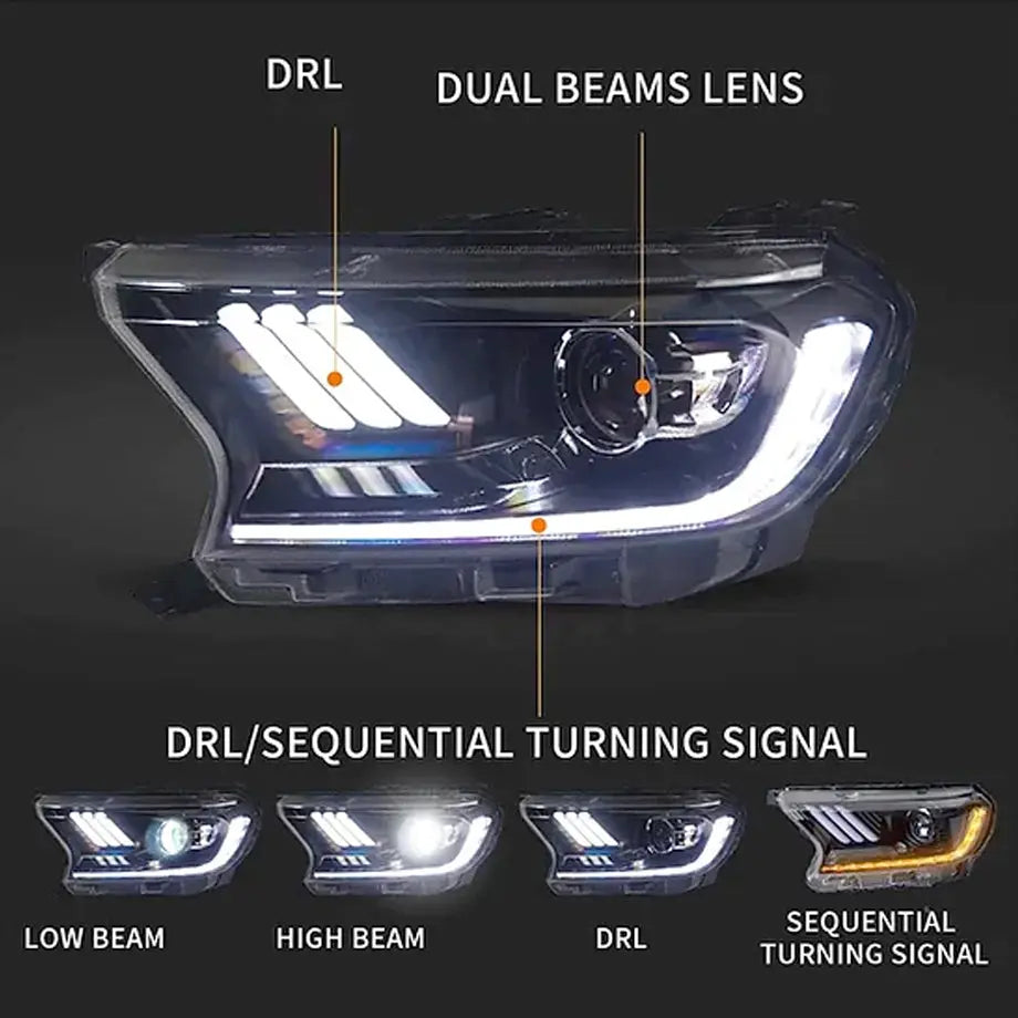 GUNMANSA Suitable To Fit - Ranger T7 / T8 (16-22) Mustang Style DRL LED Projector Headlight