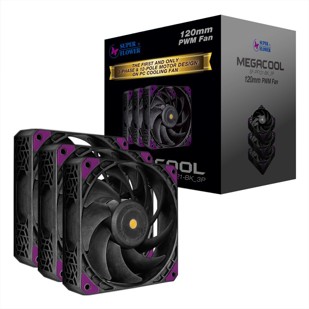 GUNMANSA Super Flower, MEGACOOL 120mm fan, Triple-Pack, 12-pole motor design, super cooling performance, PWM, Purple Anti-Vibration Mounting Pads, Computer Case Fan, Remote Control, SF-PF121-BK_3P, 30mm depth