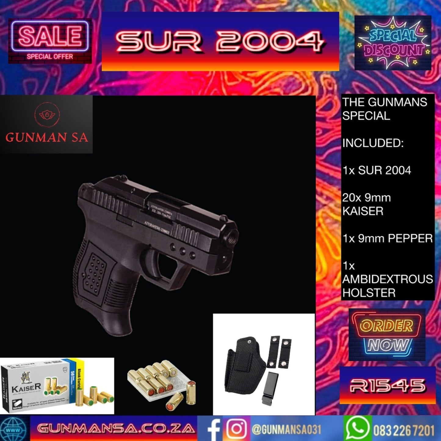 GUNMANSA SUR 2004 9mm BLANK/PEPPER GUN + 20 9mm Blanks + 1 9mm Pepper + 1 Ambidextrous Holster SPECIAL - GSA