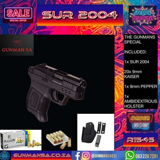 GUNMANSA SUR 2004 9mm BLANK/PEPPER GUN + 20 9mm Blanks + 1 9mm Pepper + 1 Ambidextrous Holster SPECIAL - GSA