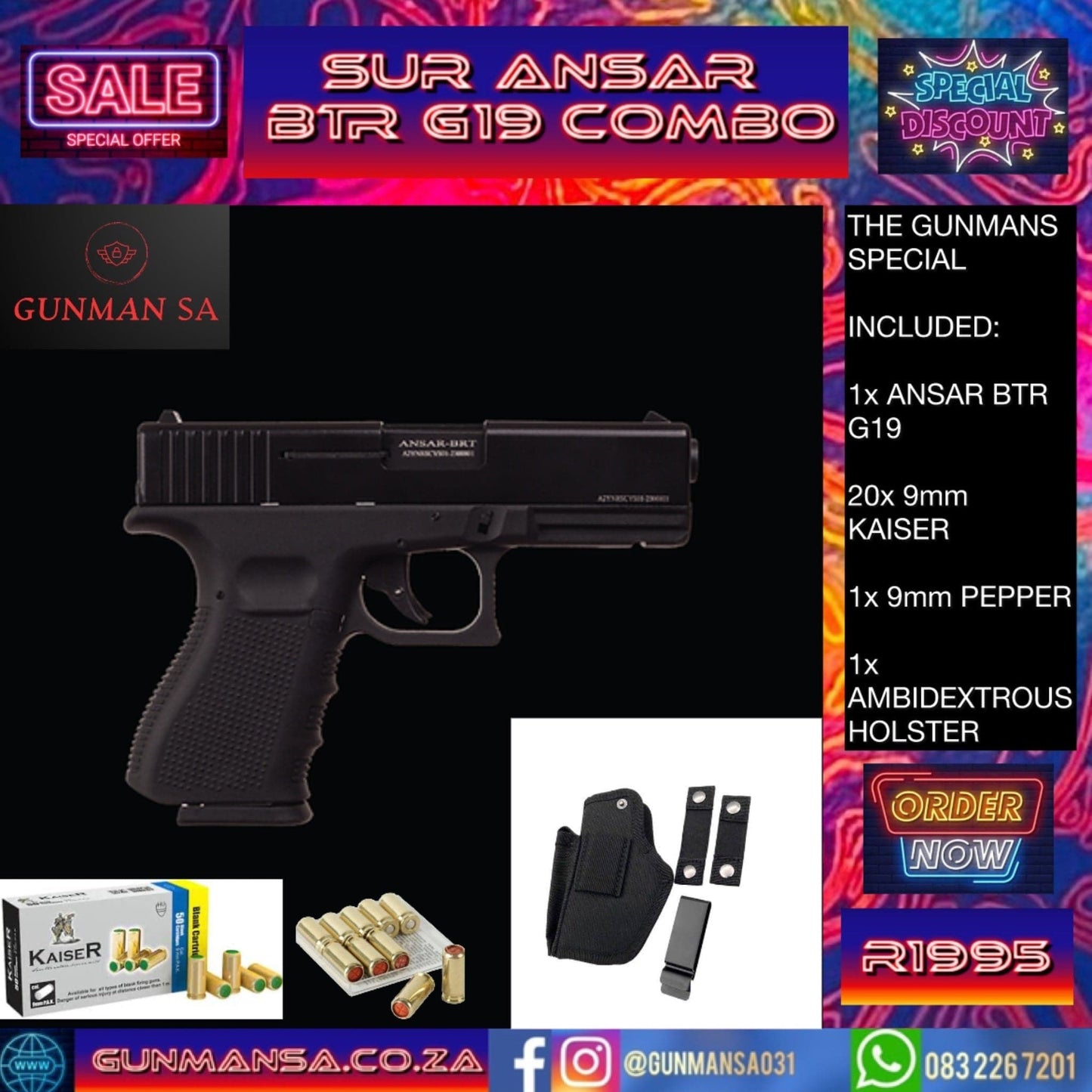 GUNMANSA SUR ANSAR BTR G19 BLANK/PEPPER GUN + 20 9mm Blanks + 1 9mm Pepper + 1 Ambidextrous Holster SPECIAL - GSA