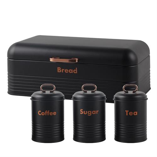 GUNMANSA Totally 4 Piece Breadbin And Canister Tin Set Combo Black