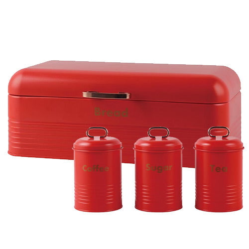 GUNMANSA Totally 4-Piece Retro Breadbin and Canister Tin Set Combo Red