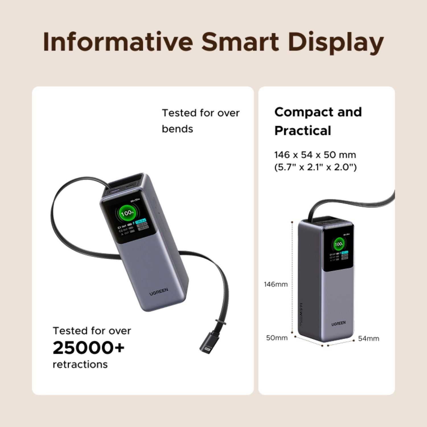 GUNMANSA UGREEN Power Bank With Retractable Cable 165W - Grey