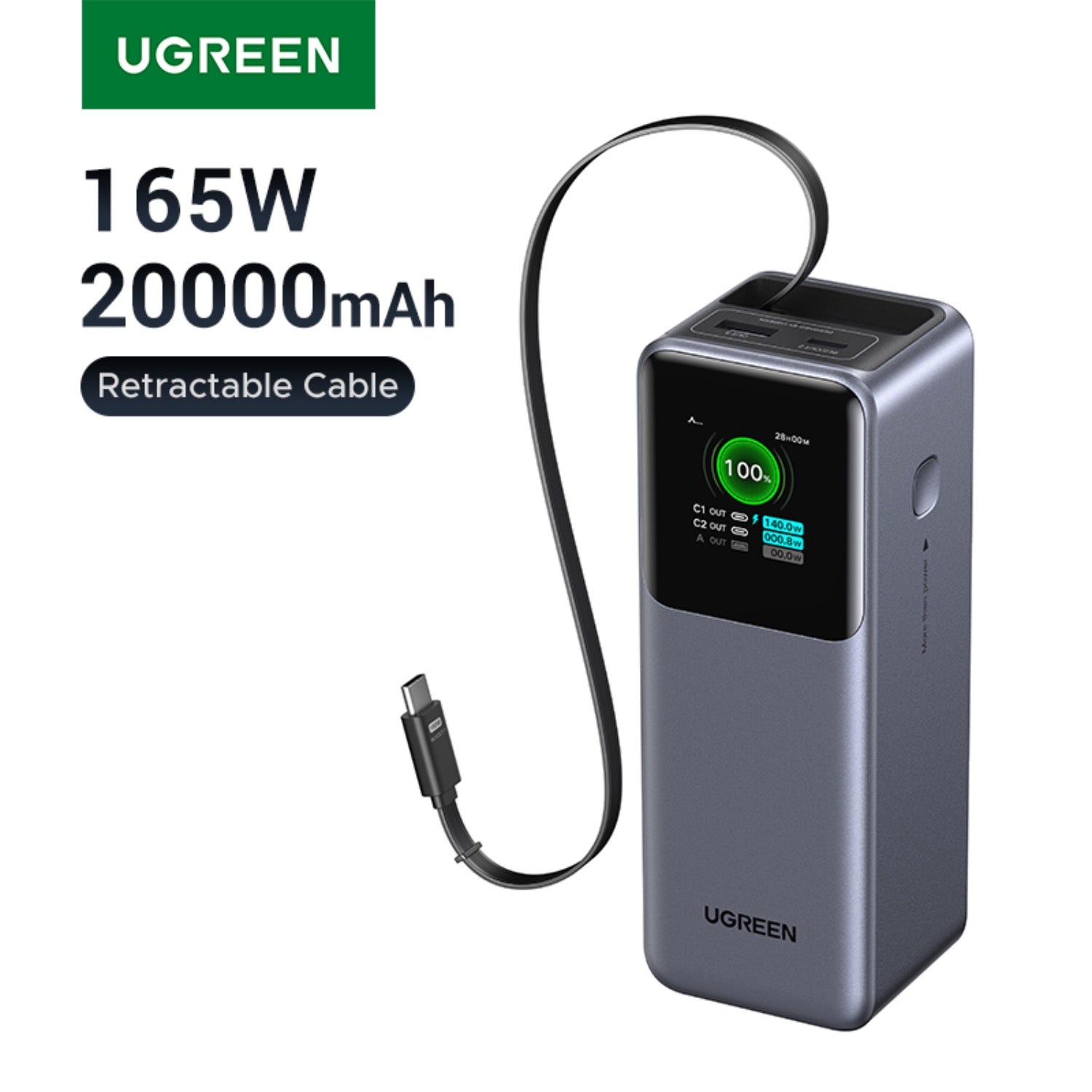 GUNMANSA UGREEN Power Bank With Retractable Cable 165W - Grey
