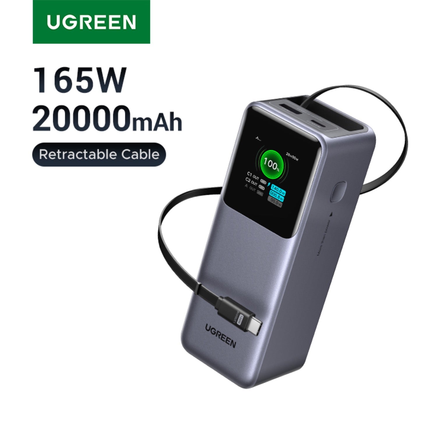 GUNMANSA UGREEN Power Bank With Retractable Cable 165W - Grey