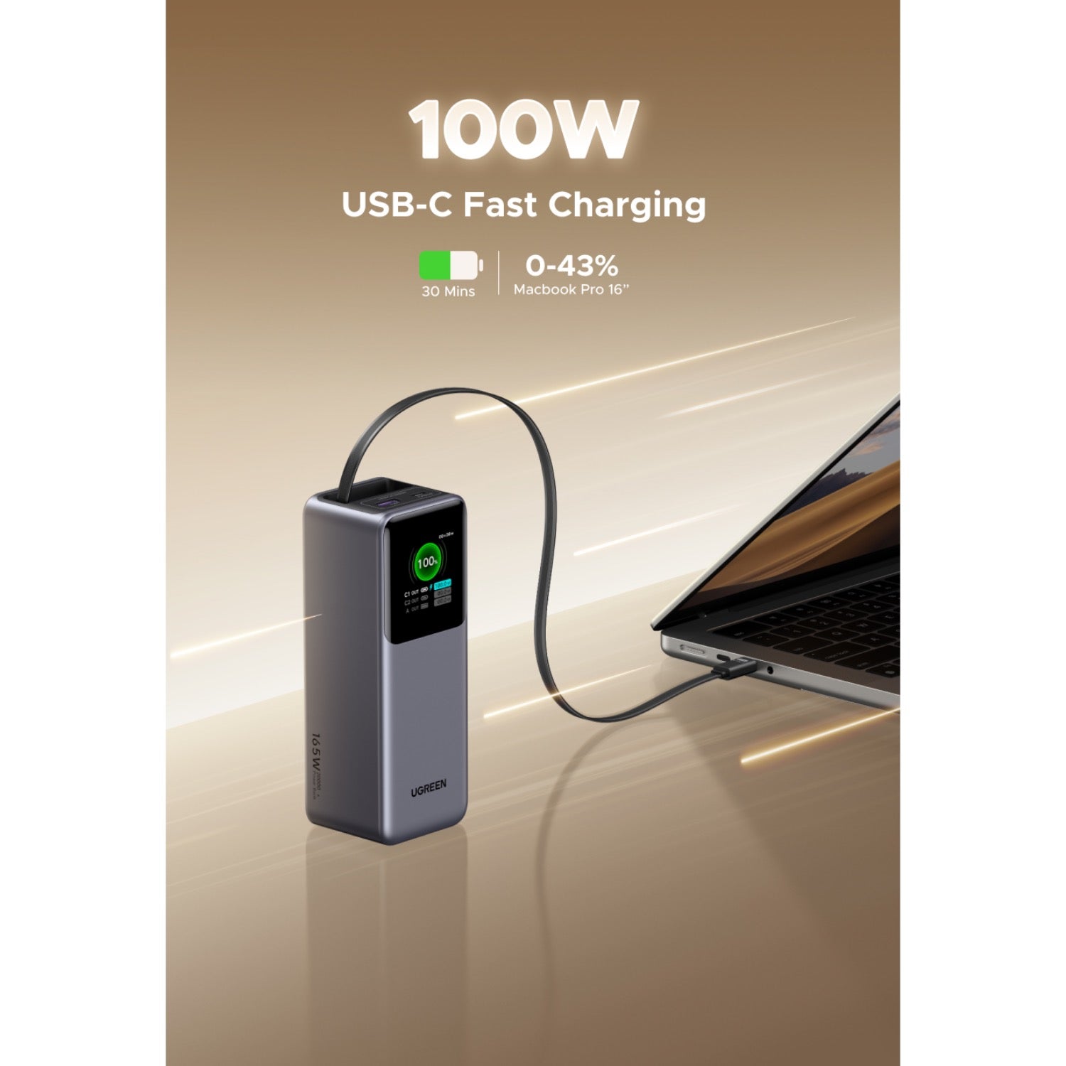 GUNMANSA UGREEN Power Bank With Retractable Cable 165W - Grey