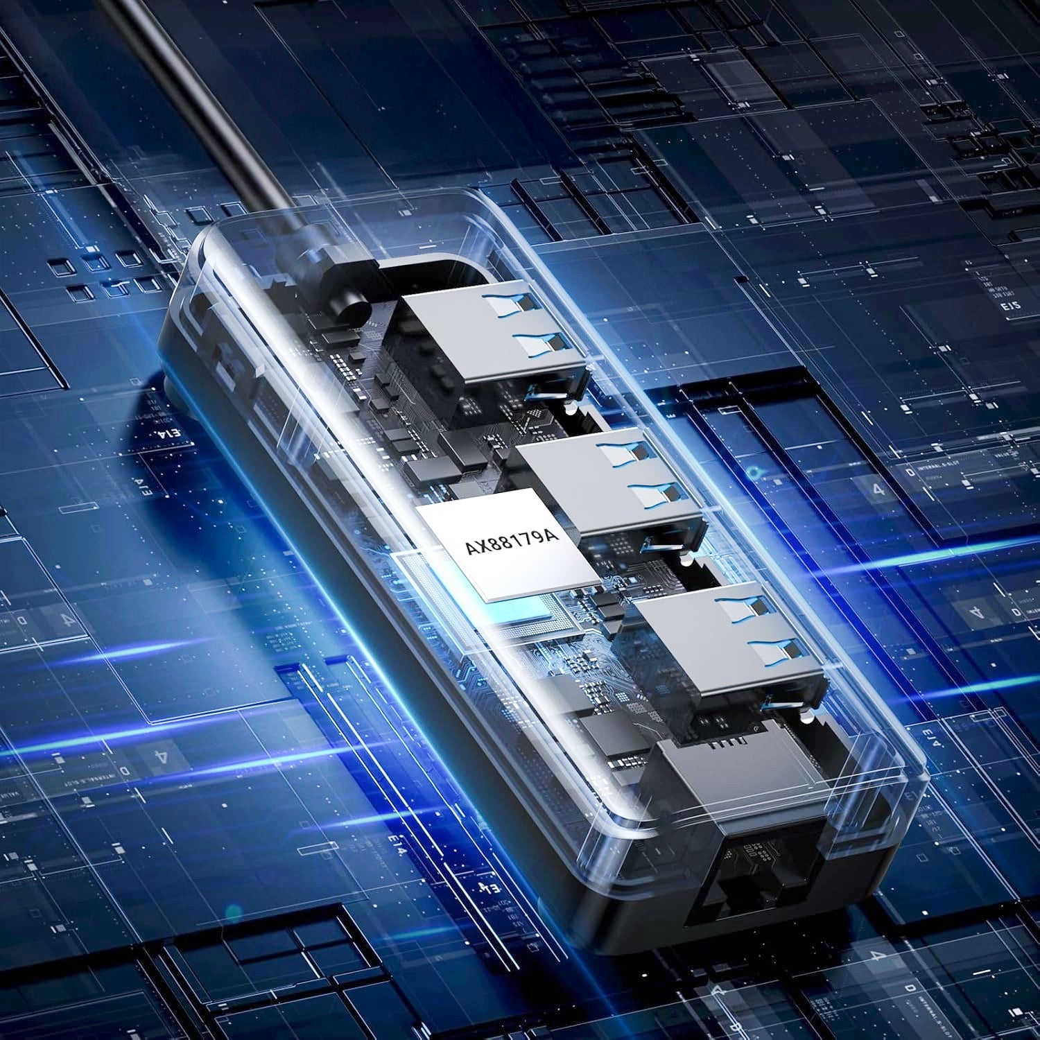 GUNMANSA UGreen USB Type-A Male to Ethernet Adapter with 3-Port USB Hub – Black