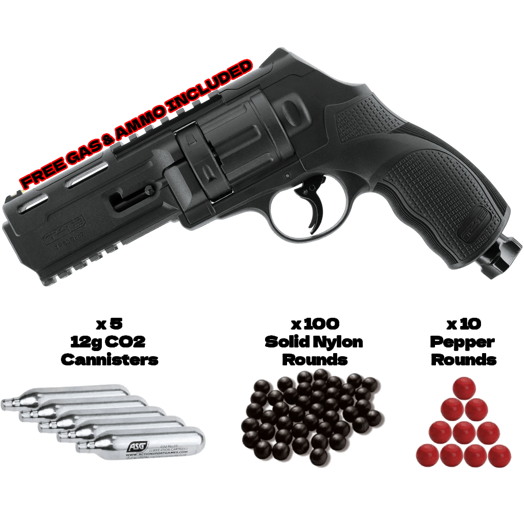 GUNMANSA Umarex T4E TR50 Gen2 13 Joules Self Defense Revolver 0.50cal Tactical Package