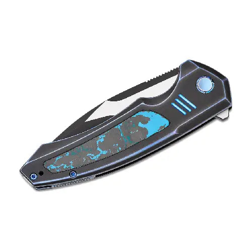 GUNMANSA WE Hyperactive Blue / Black Titanium Handle With Arctic Storm Fat Carbon Fiber Inlay Black Stonewashed Vanax Blade, Satin Flat - WE23030-3