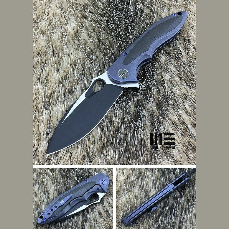 GUNMANSA We Knife 716A Blue Ti Handle With CF Inlay Black Stonewash, Satin Blade Knife