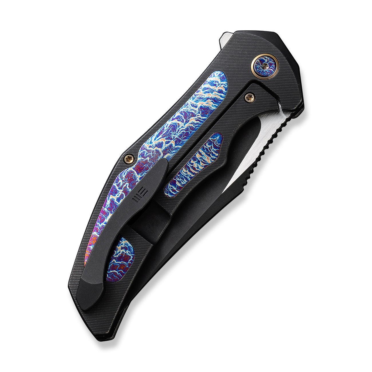 GUNMANSA WE Knife Co., Ltd™ Magnetron Frame Lock 18058-4 Black Titanium and Blue Flamed Titanium CPM 20CV Stainless Steel Pocket Knife