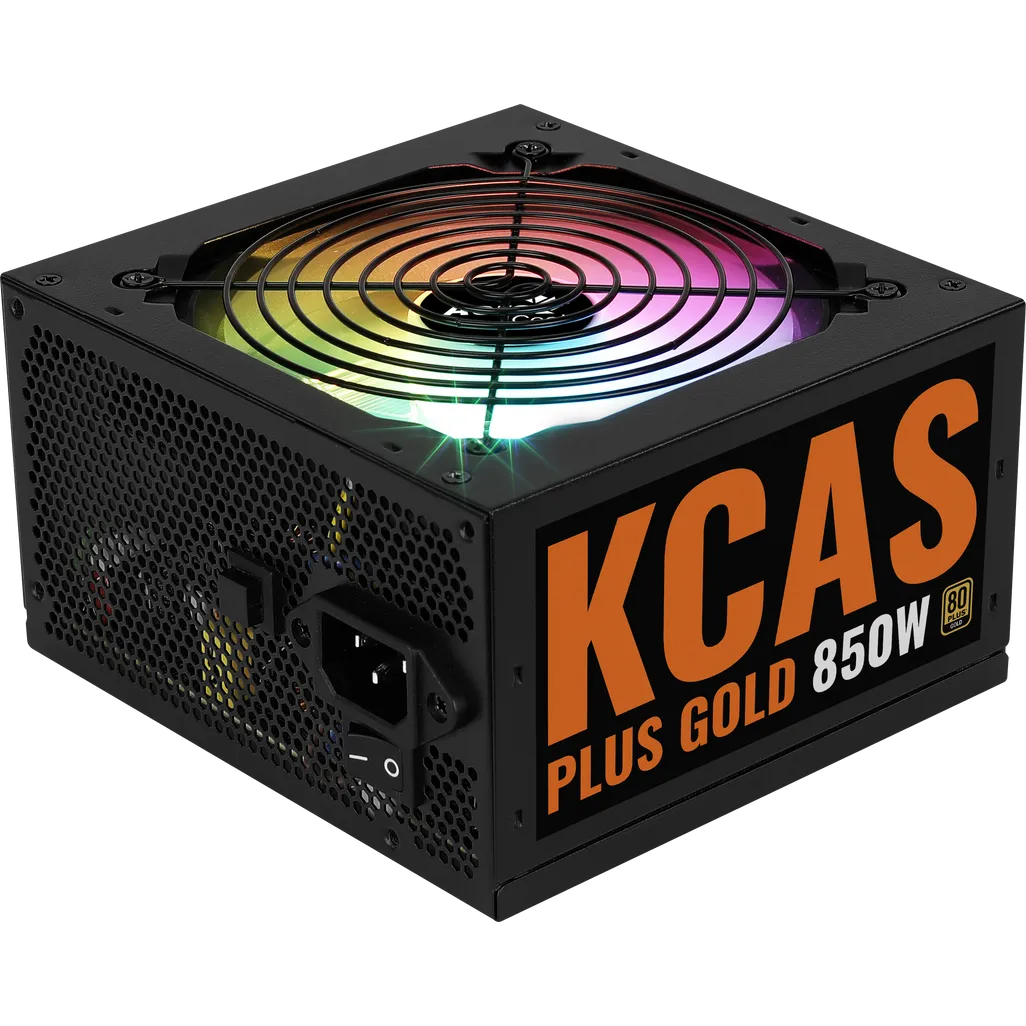 Aerocool KCAS PLUS Gold 850W RGB PSU - ATX 24 PIN; 2x 4+4PIN CPU; 8x SATA; 4x PATA; 3x PCIe 6+2PIN.