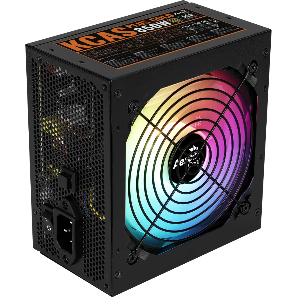 Aerocool KCAS PLUS Gold 850W RGB PSU - ATX 24 PIN; 2x 4+4PIN CPU; 8x SATA; 4x PATA; 3x PCIe 6+2PIN.