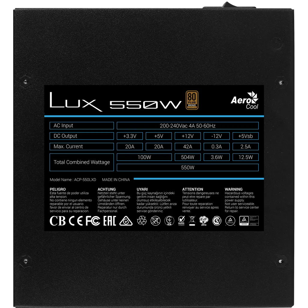 Aerocool LUX Bronze 550W  PSU - ATX 24 PIN; 1x 4+4PIN CPU; 4x SATA; 2x PATA; 1x PCIe 6+2PIN.