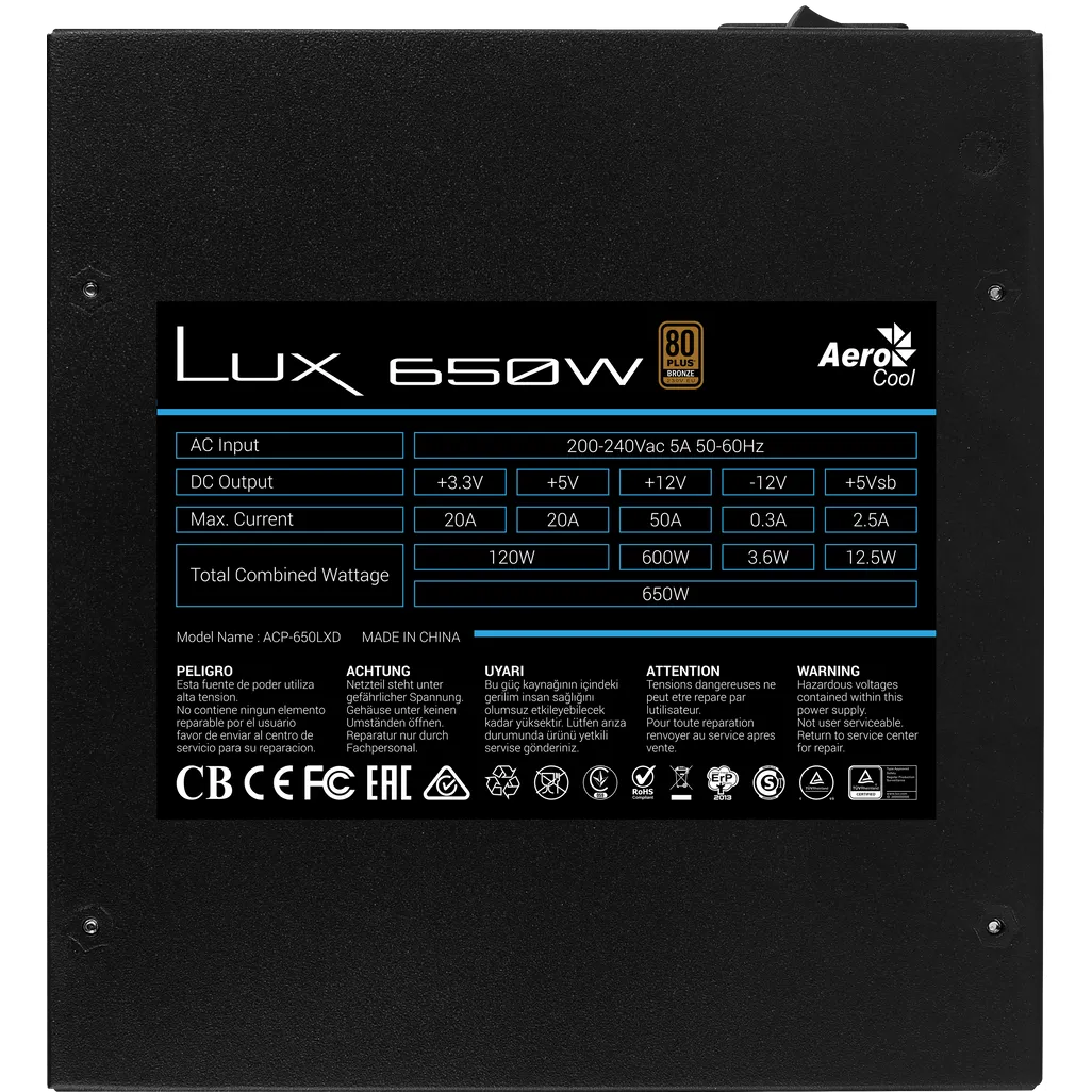 Aerocool LUX Bronze 650W  PSU - ATX 24 PIN; 1x 4+4PIN CPU; 5x SATA; 4x PATA; 2x PCIe 6+2PIN.
