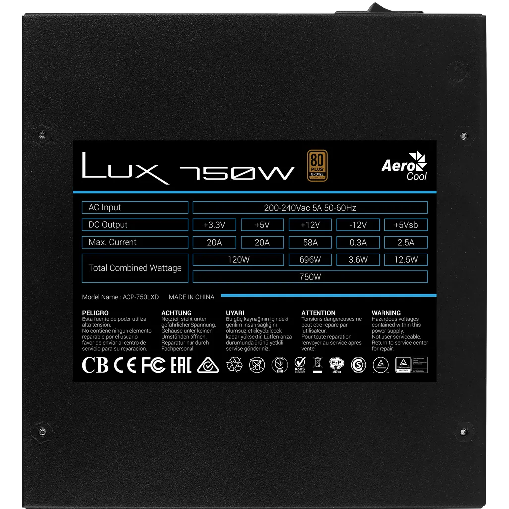 Aerocool LUX Bronze 750W  PSU - ATX 24 PIN; 1x 4+4PIN CPU; 5x SATA; 4x PATA; 2x PCIe 6+2PIN.