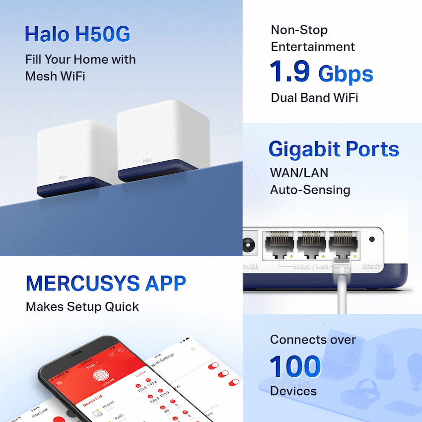 Mercusys Networking TP-Link Mercusys Halo H50G (3-Pack) AC1900 Whole Home Mesh Wi-Fi System