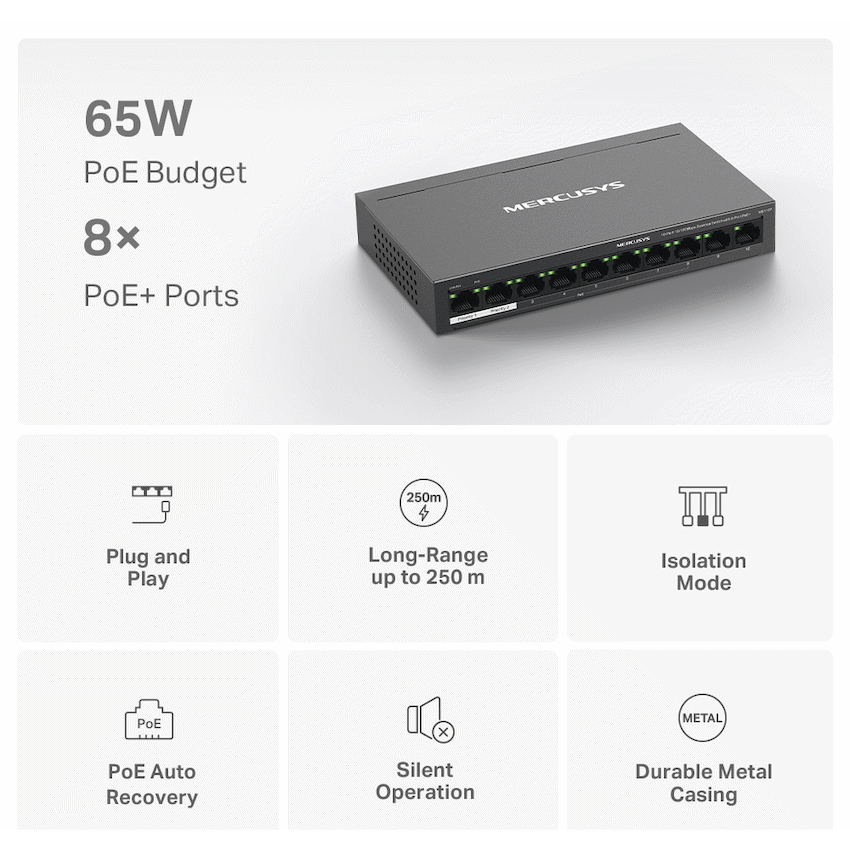 Mercusys Networking TP-Link Mercusys MS110P 10-Port 10/100Mbps Desktop Switch with 8-Port PoE+