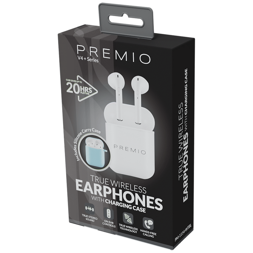 Premio Audio Premio V4 Series TWS Earphones with Charging Case and Cover - White with Blue Cover