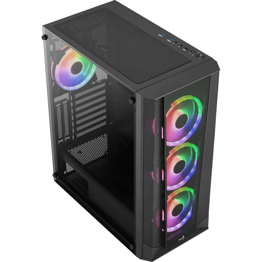 Aerocool Prism ARGB Black Mid tower case - 120mm ARGB Fan x 4; 6-port ARGB control hub - ATX - 2x 2.5'' or 2x3.5'' - 360 Radiato