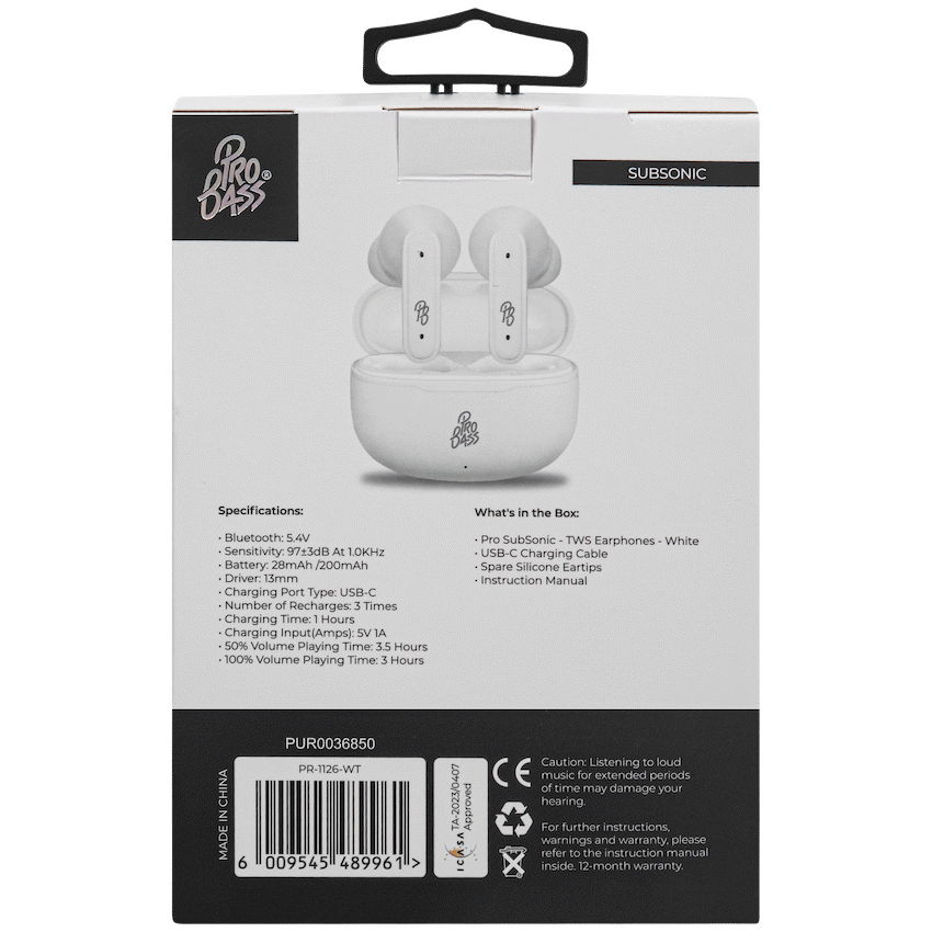 Pro Bass Audio Pro Bass SubSonic TWS Earphone - White