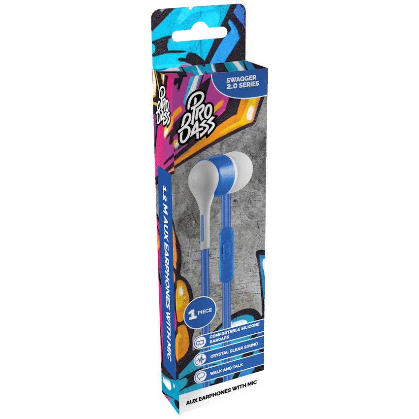 Pro Bass Audio Pro Bass Swagger 2.0 Series - Boxed Auxiliary Earphone with Mic - Blue