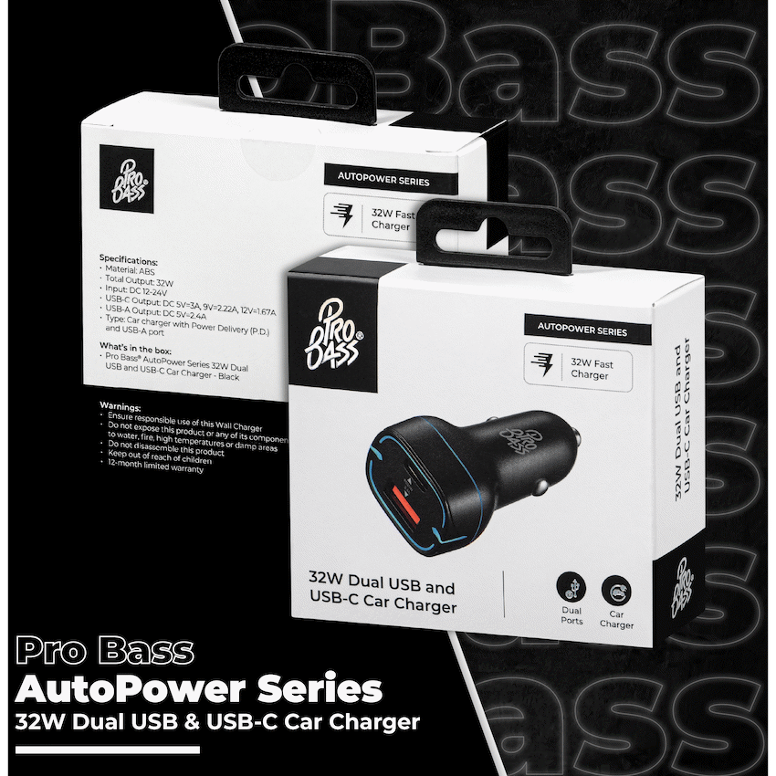 Pro Bass Mobile Accessories Pro Bass AutoPower Series 32w Dual USB and Type-C Car Charger