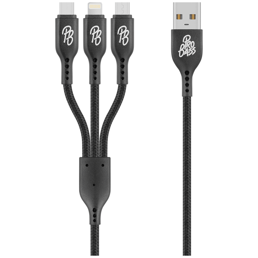Pro Bass Mobile Accessories Pro Bass Braided 3-in-1 Charge Cable 1m - Black