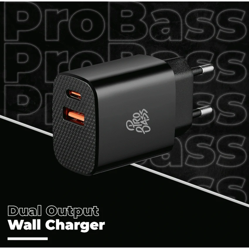 Pro Bass Mobile Accessories Pro Bass PowerCharge Series 12w Dual USB and Type-C Wall Charger - Black