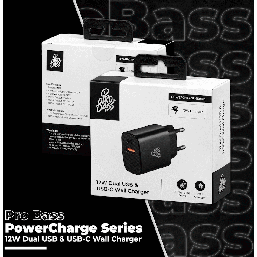 Pro Bass Mobile Accessories Pro Bass PowerCharge Series 12w Dual USB and Type-C Wall Charger - Black