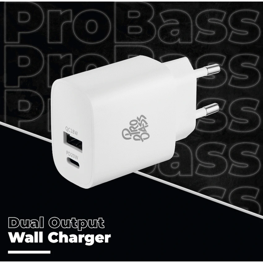 Pro Bass Mobile Accessories Pro Bass Rapidcharge Series 20w+18w Dual USB and Type-C Wall Charger - White