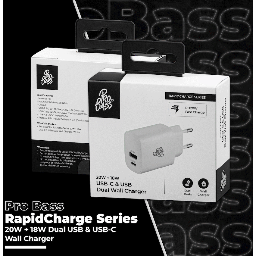 Pro Bass Mobile Accessories Pro Bass Rapidcharge Series 20w+18w Dual USB and Type-C Wall Charger - White